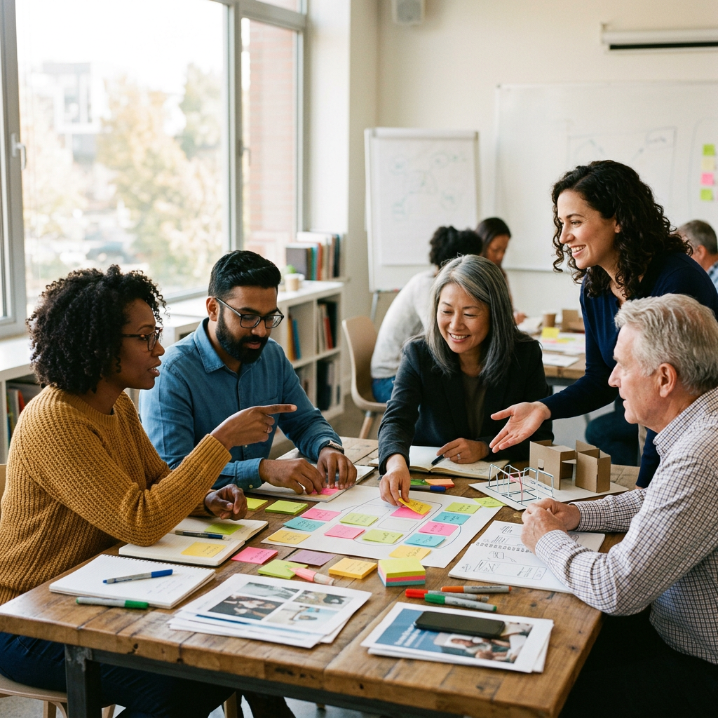 Diverse team collaborating around a table with colorful sticky notes